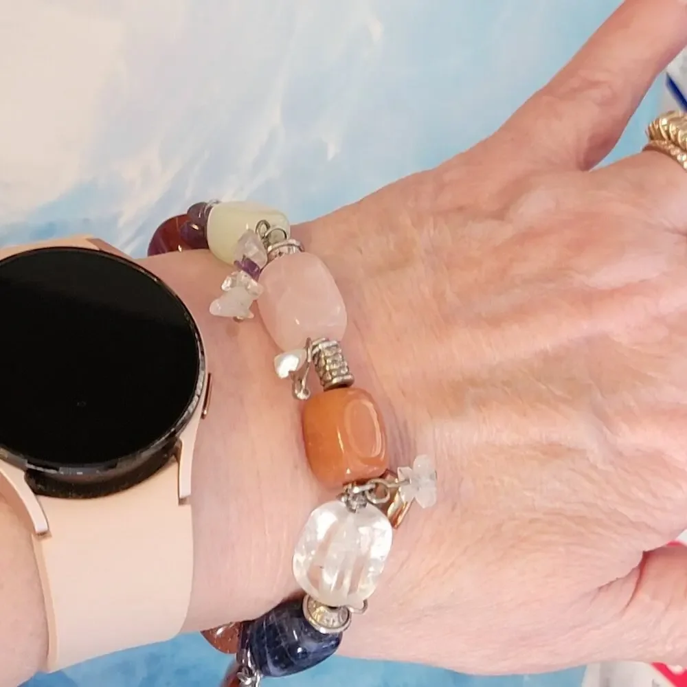 Vintage‎ Semi-Precious Gemstone & Agate Chunky Beaded Stretch Bracelet sbr-9
